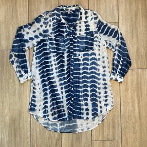 John Mark Tie Dye Button Up Shirt Women’s L Blue Hi Low Resort Vacation